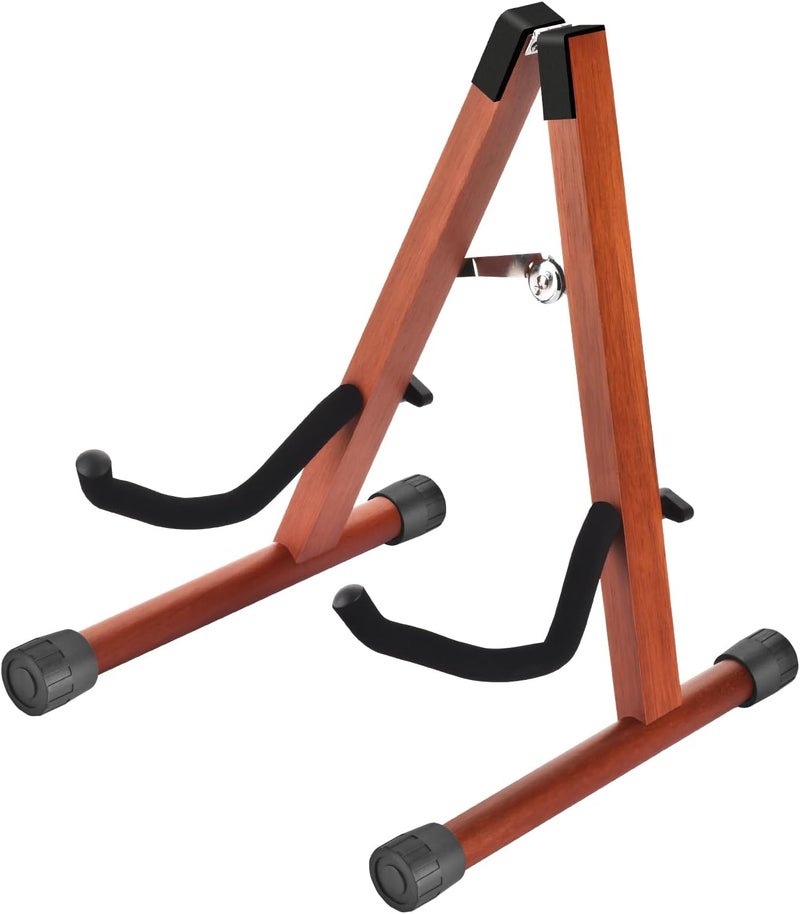 DOMMI Mahogany Wood Electric Guitar Stand With Non-Slip Rubber and Soft Foam Arms - Portable Folding A-Frame for Acoustic Guitars, Easy Assembly, Floor Display for Travel - Image 1